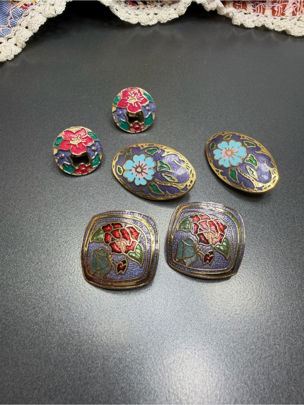 😎30%off Vintage Cloisonné Purple and Gold Floral clip Earrings #332CE